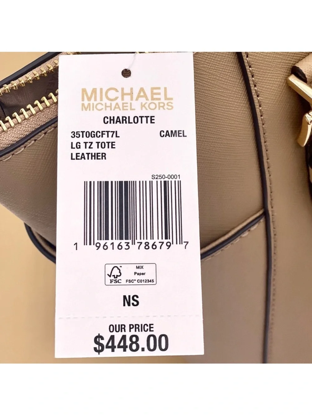 MICHAEL KORS CHARLOTTE LARGE TOP ZIP TOTE SHOULDER BAG CAMEL COLOR